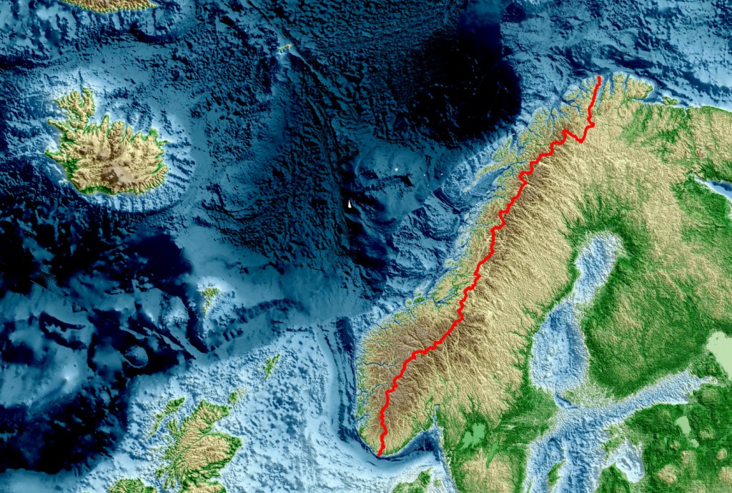 Nordryggstien går fra Agder og Rogaland i sør til Finnmark i nord. Den går mellom hyttene langs det eksisternde nettverket av stier og tråkk i fjellet Kartografi: Torleif Lauritsen, NGU